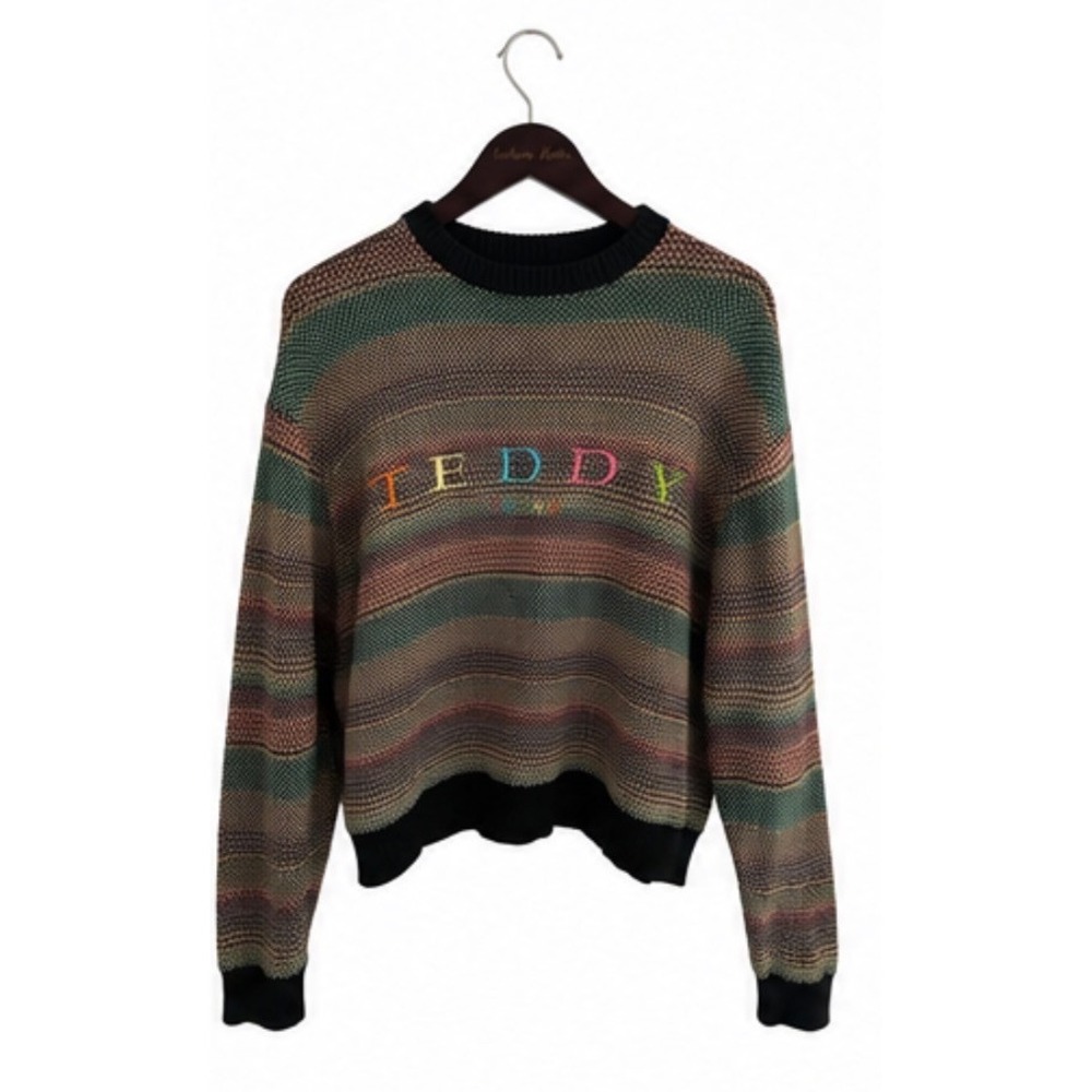 Teddy Fresh Knit Sweater Mens Medium Multi Color EUC Striped Embroidered Logo